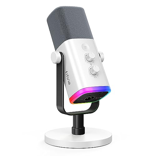 FIFINE Microfone para jogos XLR/USB para podcasting, microfone RGB para computador PC, com botão de ganho, botão de mudo, conector de monitoramento, microfone para jogadores para gravação- AM8 Branco